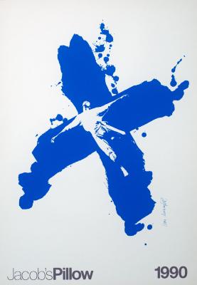 Posters depicts: Two dancers holding hands in white knocked out from swathes of blue watercolor