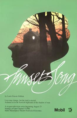 Posters depicts: Sillhouette of woman's profile made from a photo of house and bare trees silhouetted against sunset overlaid with title in white cursive