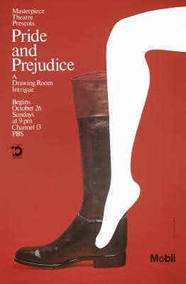 Posters depicts: A photograph of a knee-high riding boot overlain with a white silhouette of a leg, on red background, with title and information in white type at top left