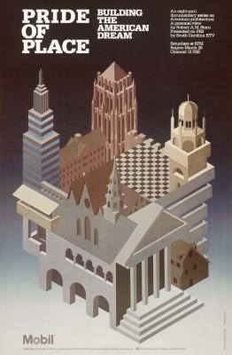 Posters depicts: M.C. Escher-like three-dimensional illustration of an amalgam of typical city buildings