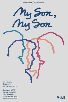 Posters depicts: Outlines of faces in profile, green and purple facing right, yellow and red facing left, beneath the title handwritten in green