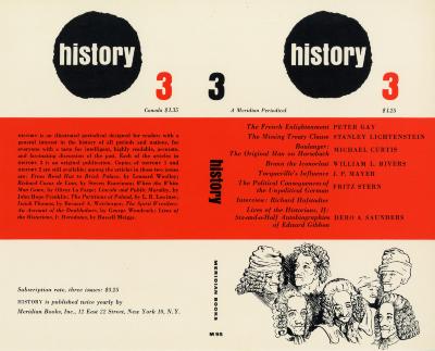 Book Covers depicts: Line art illustration of the same man's head in various wigs and hats, above an orange block with text, above a black circle with the word "history" inside