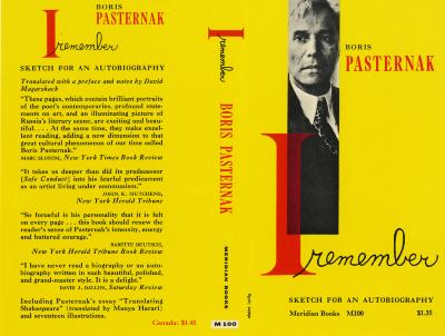 Book Covers depicts: Cropped skinny portrait of Boris Pasternak with a Translucent pink "I" placed slightly overtop, all on a bright yellow background