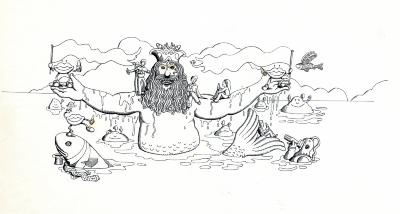Original Art depicts: Cartoonish Neptune emerging from the water surrounded by fanciful animals, dancing lips, and psychedelic figures