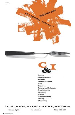 Posters depicts: Underneath an orange splatter of paint containing text, a photograph of a clean palette knife against a white background.