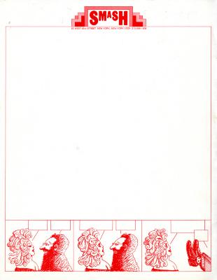 Letterheads/Stationery depicts: At the top, the Smash logo in block letters. At the bottom, three comic panels of a man and a women talking; in the last panel the man seems to have falled over, his feet are shown sticking up next to the woman.
