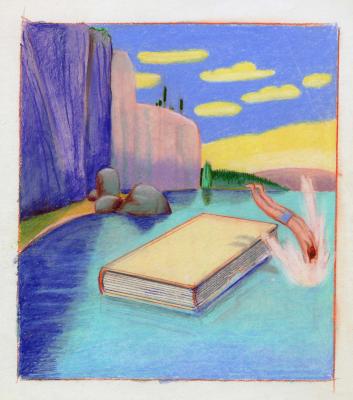 Original Art depicts: A man dives off a giant book floating in the water. He's next to a cliff. The sky is blue and cheerful.