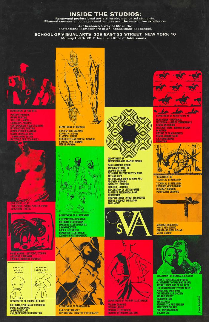Posters depicts: Grid of art against a black background, including fashion illustration, photography and cartoons, in orange, red, yellow and green.