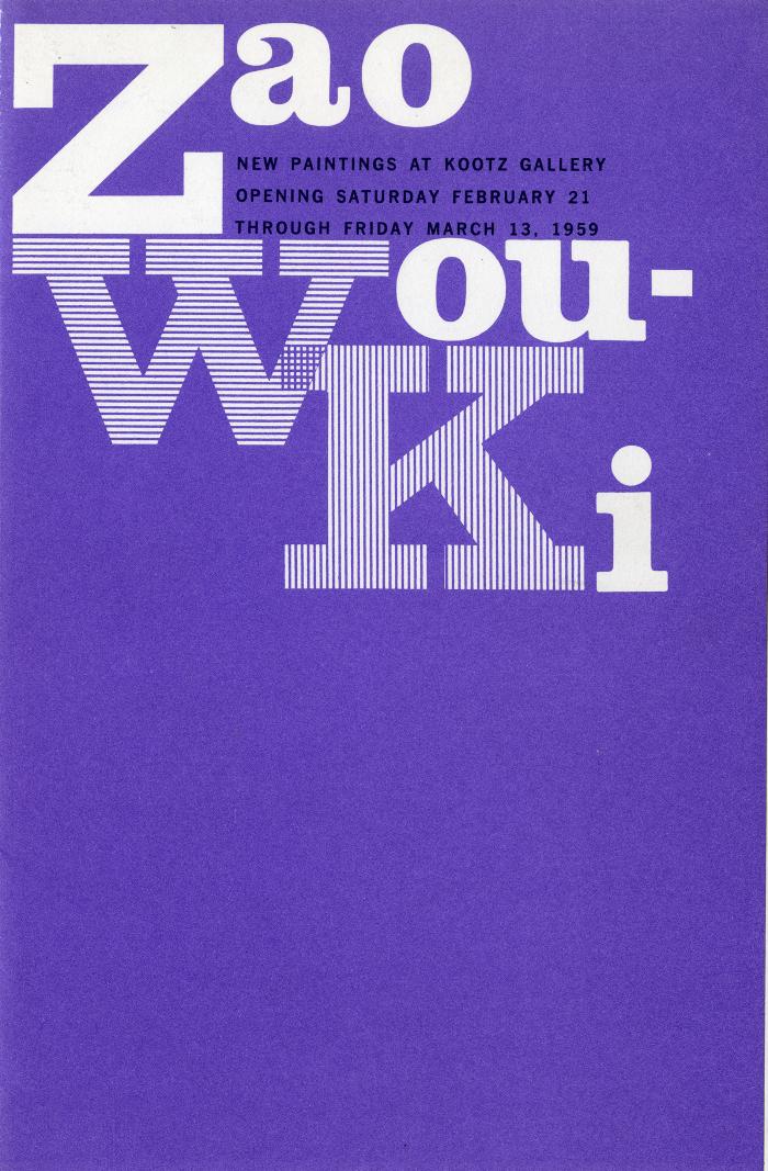Announcements and invitations, Booklet/Brochure, Bulletins and catalogs depicts: Zao Wou-Ki in a bold white font on a purple background, the "W" and "K" have purple lines going through them 