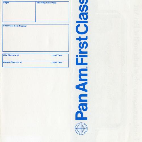 White ticket envelope with one side having three boxes to put information in and the other side saying "Pan Am First Class" with the logo going vertically.