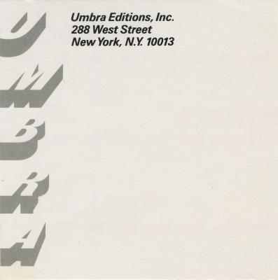 Letterheads/Stationery depicts: White background with "UMBRA" written down the left side with a grey extruded font, and black text in the top center..