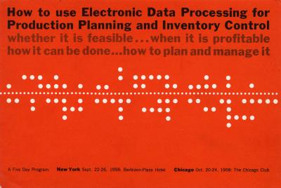 Booklet/Brochure depicts: Red background with black text on the top and bottom, and a line of white dots with white dots above and below it in a geometric pattern in the middle of the image.