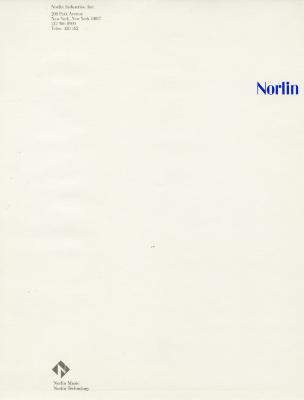 Letterheads/Stationery depicts: Letterhead with text at the top left corner, and a diamond logo with an "N" inside on the bottom left. "Norlin" is written in blue ink on the left middle.