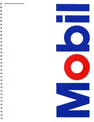 Graphic Standards Manuals, Logos and identities depicts: White background with "Mobil" written in a large font up the right side in blue, with the "o" being written in red.
