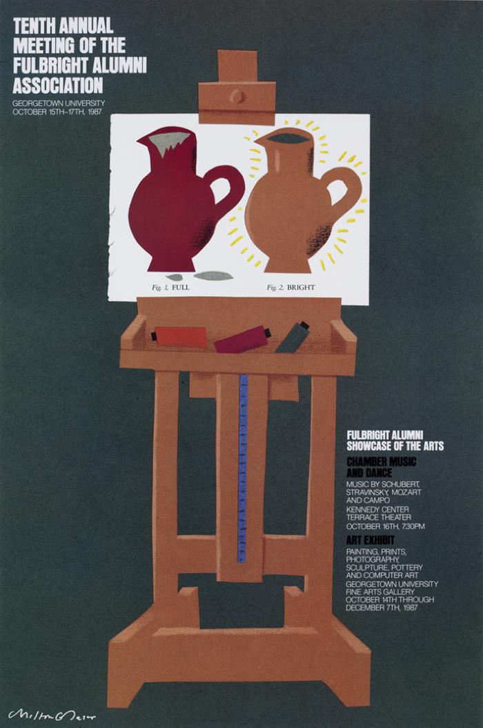 Posters depicts: Cut paper collage of easel with images of a "full" pitcher and a "bright" pitcher.