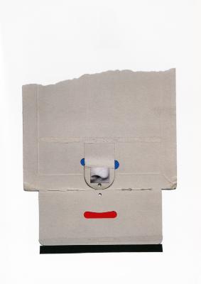Original Art depicts: Two collaged cardboard envelopes arranged to suggest a face