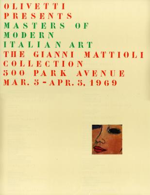 Posters depicts: Red and green text against a cream colored background with a small square cutout of an impressionistic close-up of a face in the lower right corner.