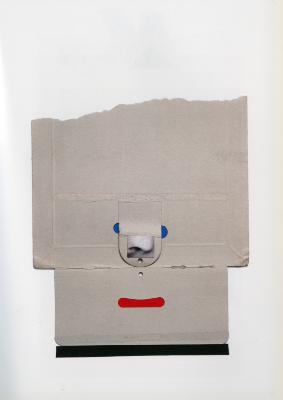 Original Art depicts: Two collaged cardboard envelopes arranged to suggest a face