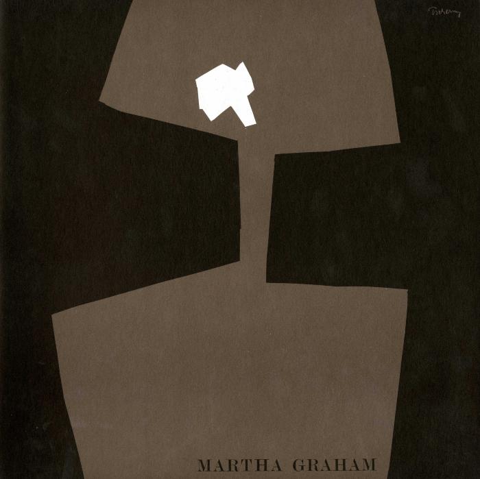 Programs depicts: Small abstract cutout white shape on an brown almost hourglass like cutout, all on a black background  