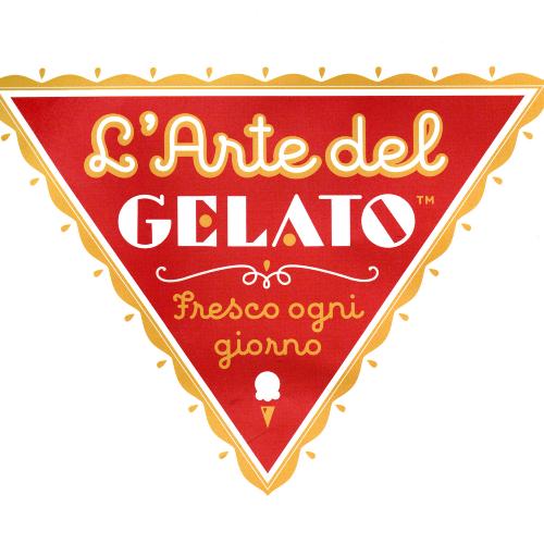 Gift bag with a red triangle pointed down, in the triangle is the text of the store