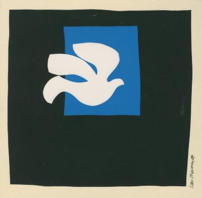 Cards depicts: Print of cut paper collage of white bird in front of a blue square and a black background