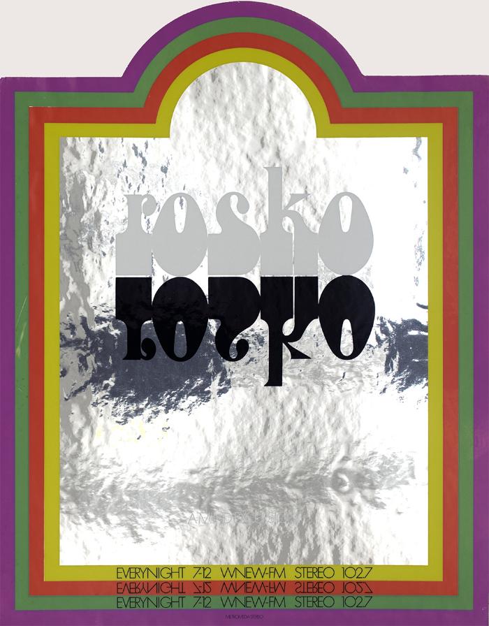 Posters depicts: rosko in bulbous type, mirrored against itself on a silver reflective background withe a colorful frame