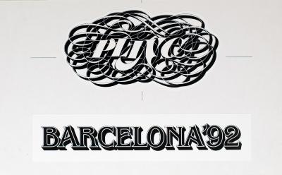 Original Art depicts: PLINC surrounded by many curved lines plus Barcelona typeface in black type