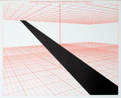 Posters depicts: Red three-dimensional grid with black band running across it