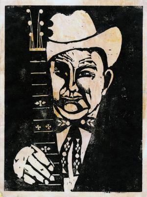 Original Art, Prints depicts: Woodcut print of Earl Scruggs holding a guitar neck