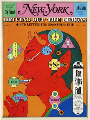 Serial Publications depicts: red devil in profile with aspects of culture represented in shapes over his brain and neck