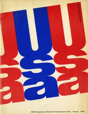 Exhibition Catalogues depicts: USA printed vertically three times in red and blue type.
