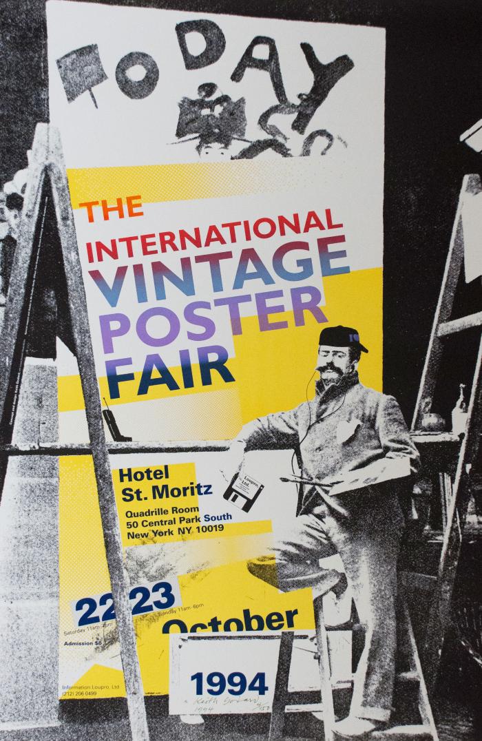 Posters depicts: Black and white image of a man with a painters palette and floppy disk in front of a yellow poster