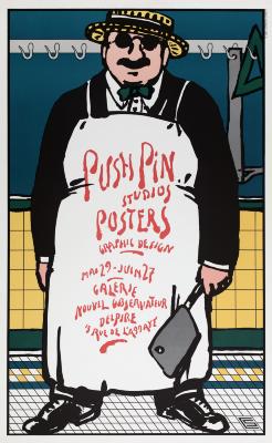 Posters depicts: man in suit, straw hat, sunglasses and butcher's apron, holding a cleaver.