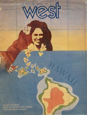 Clippings/Tearsheets depicts: An illustration of the front view bust of a woman with black curly hair and a flower in her hair extending her hand downward where there is a blue background with the islands of Hawaii getting progressively closer to the viewer.