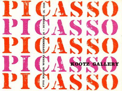 Announcements and invitations depicts: "Picasso" stencilled in orange and purple across the page.