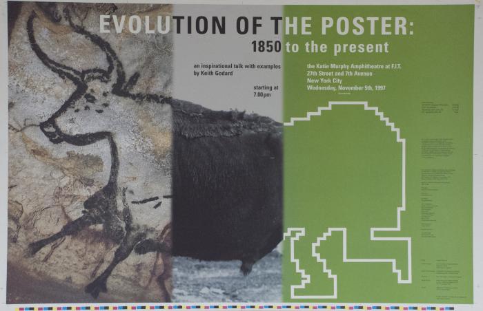 Posters depicts: image of a cow progressing from cave drawing to photograph to bit mapped computer rendering.