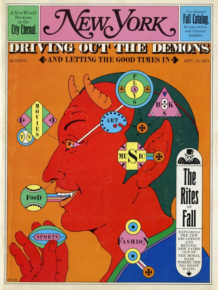 Serial Publications depicts: red devil in profile with aspects of culture represented in shapes over his brain and neck