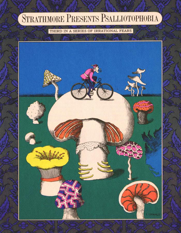 Promotional materials depicts: cartoon drawing of a tiny man on a bike riding on top of a giant mushroom, surrounded by other mushrooms