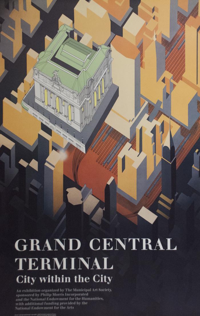 Posters depicts: 3-D rendering of Grand Central Station hovering above a 3-D New York City streetscape