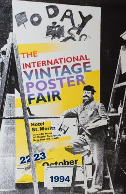Posters depicts: Black and white image of a man with a painters palette and floppy disk in front of a yellow poster