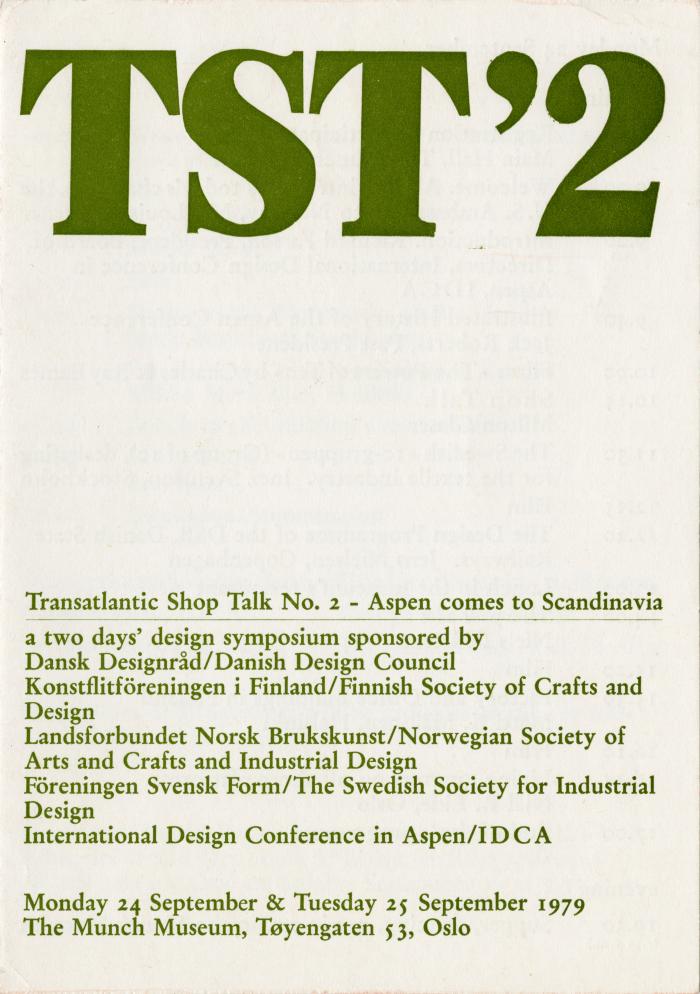 Green type on cream background; card describing Transatlantic Shop Talk No. 2 Aspen Comes to Scandinavia