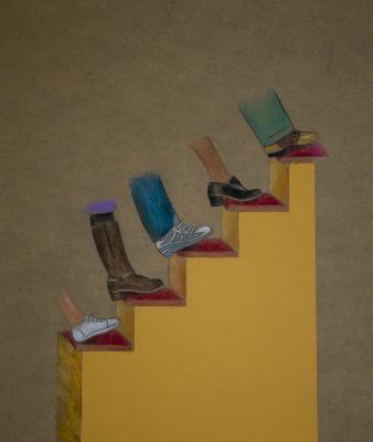 Original Art depicts: Pastel illustration of five different feet walking up a set of stairs 