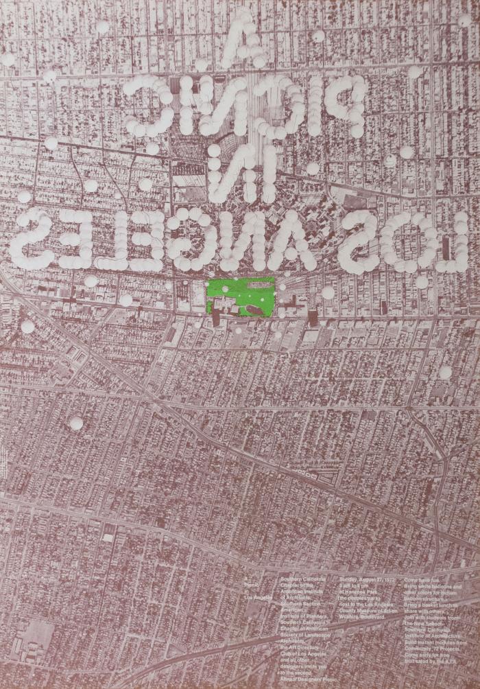 Posters depicts: aerial map of Los Angeles with white balloons spelling out Picnic in Los Angeles