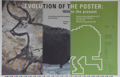 Posters depicts: image of a cow progressing from cave drawing to photograph to bit mapped computer rendering.