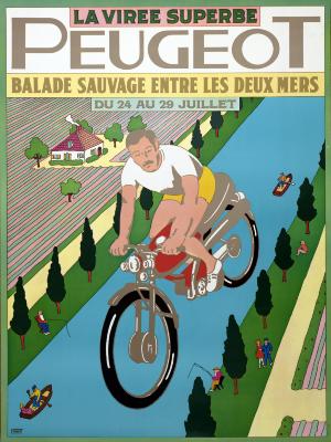 Posters depicts: man riding a bike down a river, surrounded by the French countryside