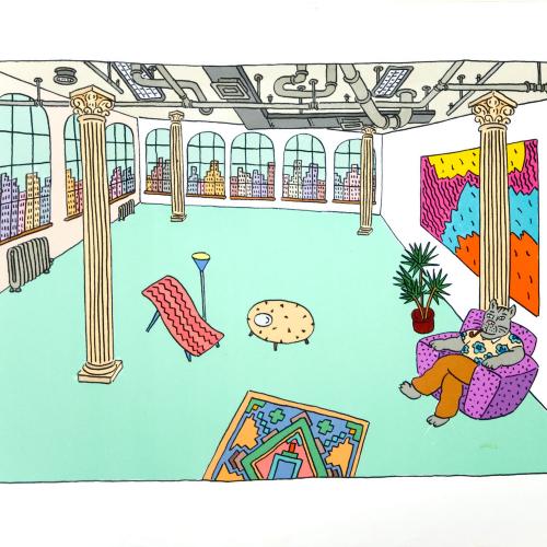 Original Art, Serial Publications depicts: Colorful cartoon illustration of a cat sitting in a sofa in an 80s style loft smoking a cigar 