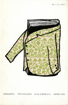 Advertisements depicts:  Book wearing a decoratively patterned jacket meant for a man