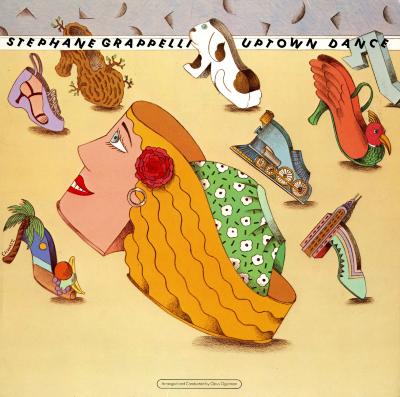 Album Covers depicts: Wedge sandal with woman's face as the heel. Other shoes in the background take the shape of a dog, train, bird, and the Chrysler building.