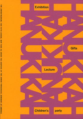 Announcements and invitations depicts: Hanukkah spelling out vertically three times in purple block letters on a yellow background