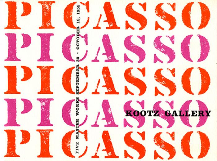 Announcements and invitations depicts: "Picasso" stencilled in orange and purple across the page.
